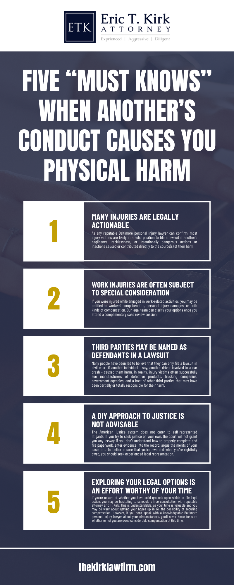 FIVE "MUST KNOWS" WHEN ANOTHER'S CONDUCT CAUSES YOU PHYSICAL HARM INFOGRAPHIC