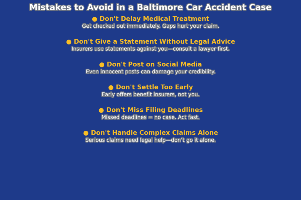 Lawyer Eric T. Kirk's baltimore car accident mistakes infographic