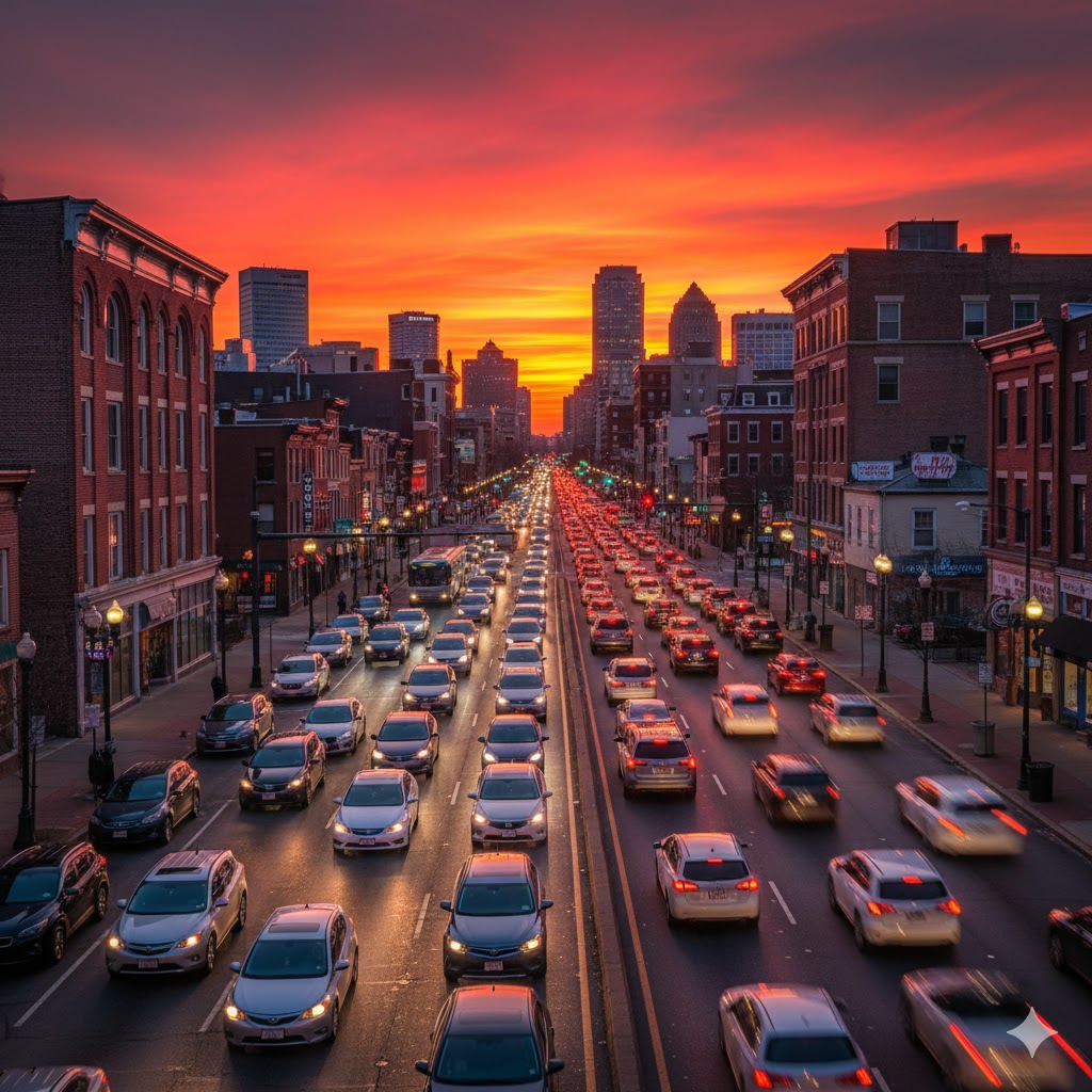Eastern Avenue (Fells Point/Upper Fell's Point): A representative generative image of Eastern Avenue in the Fells Point neighborhood during sunset, capturing thick traffic congestion moving past traditional brick rowhomes, illustrating the narrow lanes and heavy street parking that can lead to vehicle side-swipes.