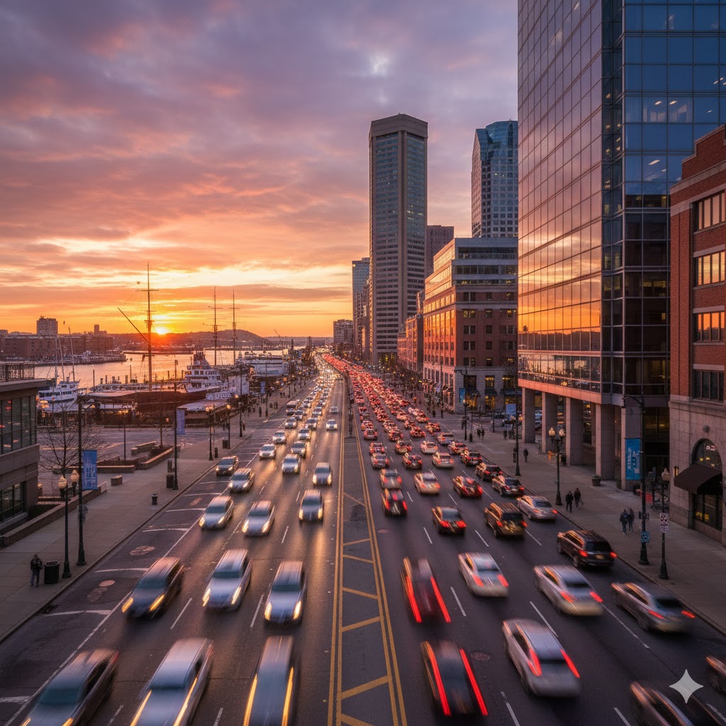 Light Street (Federal Hill/Inner Harbor): An illustrative generative shot of Light Street at sunset, depicting heavy northbound and southbound traffic congestion near Federal Hill Park, where high-speed merging from adjacent feeders often creates hazardous conditions for drivers.