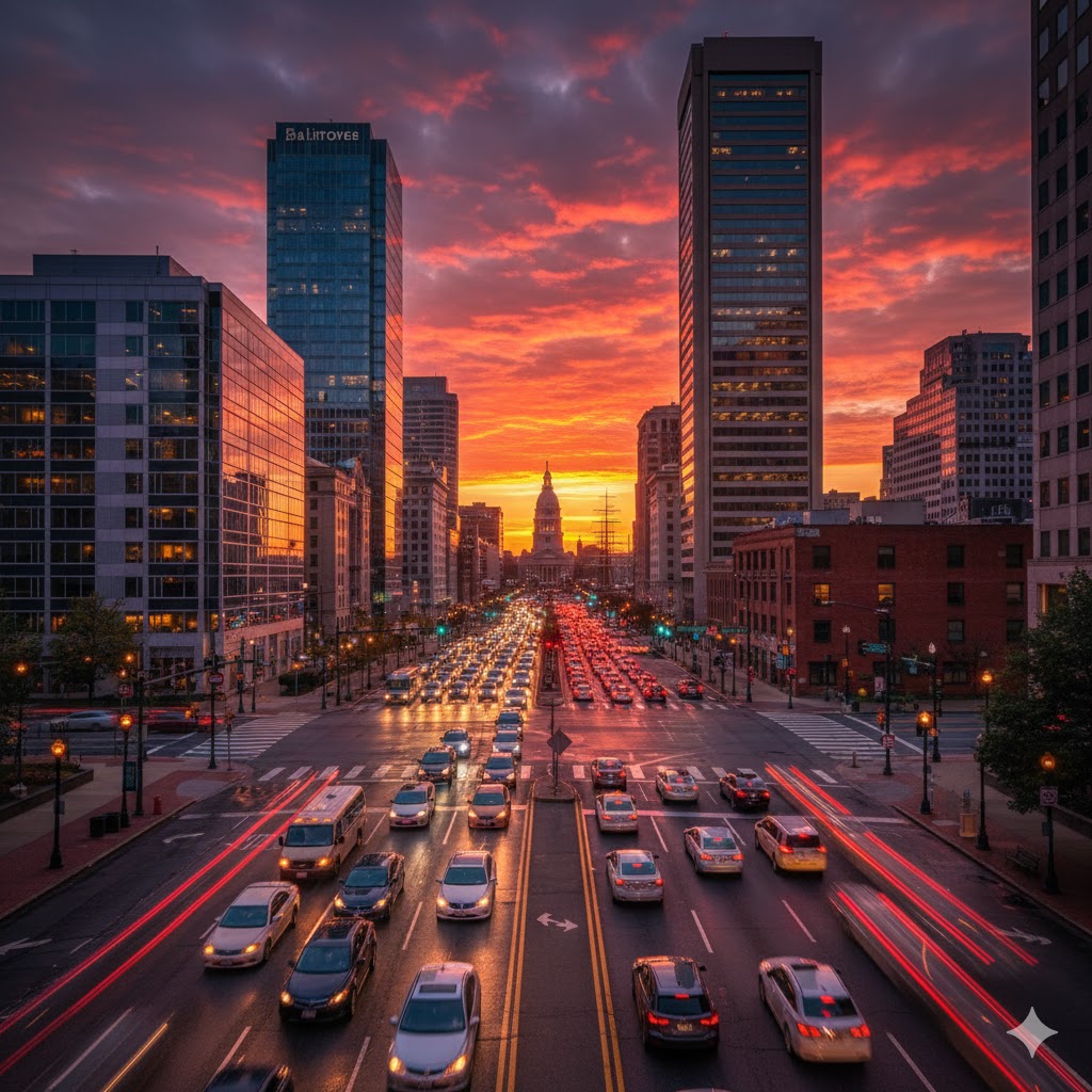 Lombard Street (Downtown/Market Center): A generative representative depiction of Lombard Street during a vibrant sunset in Downtown Baltimore, depicting bumper-to-bumper traffic squeezed between high-rise office buildings, highlighting the gridlock and frequent lane changes that can contribute to collisions in the city's core.