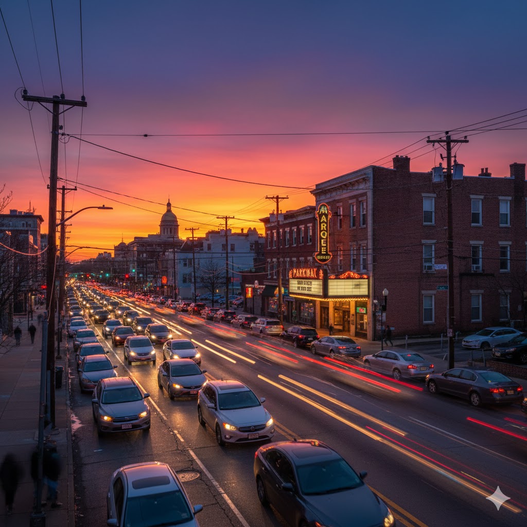 North Avenue (Station North/Greenmount West): A generative representative view of North Avenue at dusk, showing heavy commuter traffic passing the iconic Parkway Theatre marquee, where the mix of public transit stops and high-volume intersections often leads to traffic incidents.