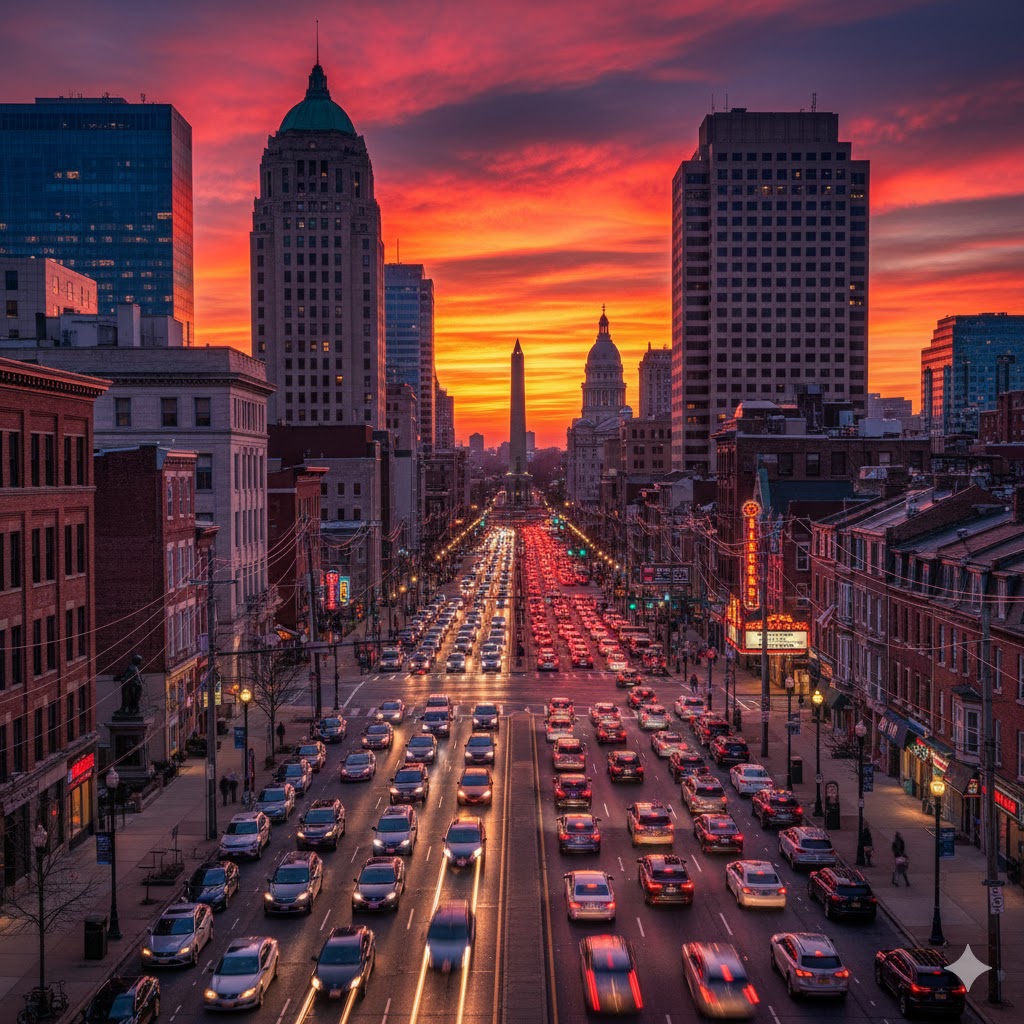 North Charles Street (Mount Vernon): A representative generative wide-angle view of North Charles Street in Mount Vernon at sunset, showing cars backed up toward the Washington Monument, where the historic district's stop-and-go traffic and narrow thoroughfares increase the risk of rear-end accidents.