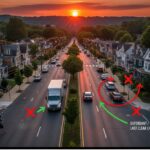 A hyperrealistic generative photograph of the Seton Hill neighborhood in Baltimore, Maryland, at sunrise. The image is hypothetical and illustrative only, created to depict traffic conditions and intersection dynamics that could be evaluated in a contributory negligence analysis. The scene shows morning traffic along West Monument Street and Cathedral Street, with dense historic rowhouses, commuter cut-through traffic, bus routes, and signal-controlled intersections near Baltimore&rsquo;s civic and medical core.