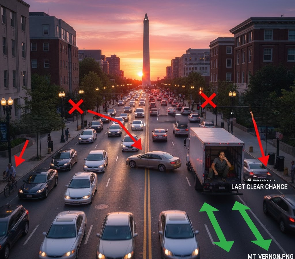 A hyperrealistic generative photograph of the Mount Vernon neighborhood in Baltimore, Maryland, during early morning traffic. The image is hypothetical and illustrative only, intended to show roadway and traffic factors that may be considered in a contributory negligence analysis. Visible features include commuter flow along Falls Road and nearby access routes, transit stops, elevation changes, merging traffic, and residential and commercial surroundings typical of this area.Injury Claim