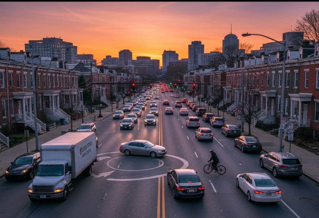An illustrative, generative image Madison/East End neighborhood in Baltimore, Maryland, at sunrise. The image generally depicts heavy morning traffic congestion and gridlock. The scene captures dense rows of traditional East Baltimore brick rowhomes lining the thoroughfare, highlighting traffic factors and suggests complex urban intersections that can contribute to accidents in the area, imagining the directions of movement of the participants in a hypothetical future accident scenario involving allegation is of negligence contributory negligence and the invocation of the last clear chance doctrine