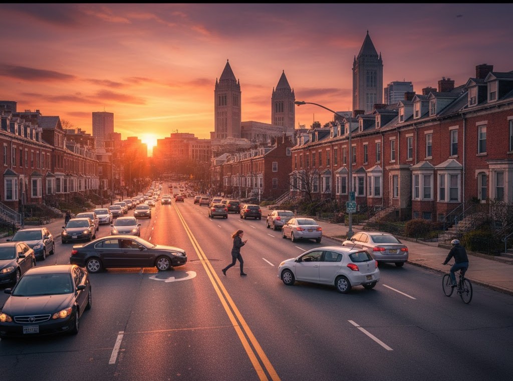 An illustrative, generative image Baltimore' Hamilton HIlls neighborhood in Baltimore, Maryland, at sunrise. The image generally depicts heavy morning traffic congestion and gridlock. The scene captures dense rows of traditional East Baltimore brick rowhomes lining the thoroughfare, highlighting traffic factors and suggests complex urban intersections that can contribute to accidents in the area, imagining the directions of movement of the participants in a hypothetical future accident scenario involving allegation is of negligence contributory negligence and the invocation of the last clear chance doctrine