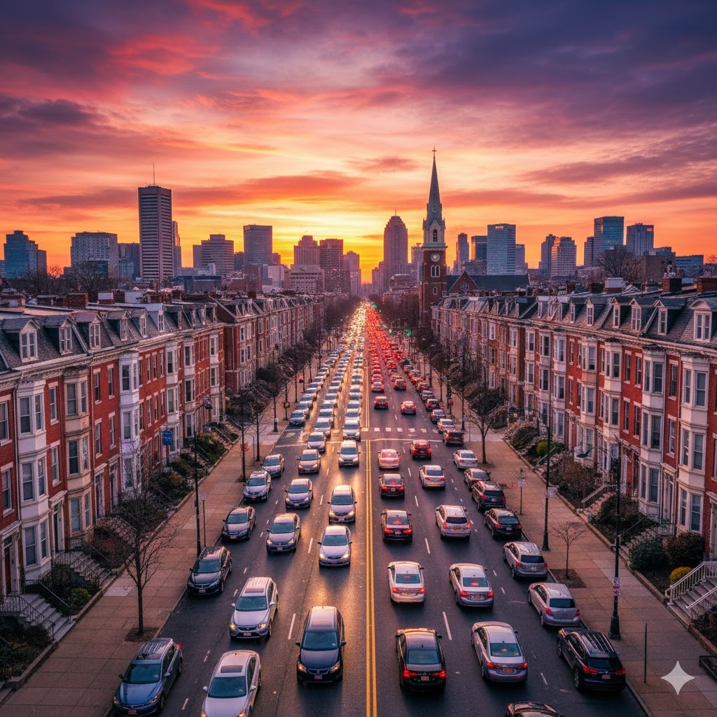 A hyperrealistic generative photograph of the Oliver neighborhood in Baltimore, Maryland, at sunrise. The image depicts heavy morning traffic congestion along East North Avenue, one of the neighborhood's primary borders. Red-brick rowhomes, characteristic of the revitalizing East Baltimore area, line the street, some showing recent renovations. In the distance, the silhouette of the Johns Hopkins Medical Campus is visible against a vibrant orange and purple sky. Factors contributing to potential accidents, such as narrow lane widths, high-volume multi-lane intersections, and vehicles merging near transit stops, are clearly visible in the bustling urban scene.