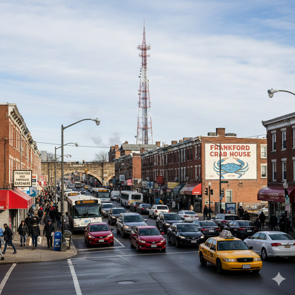 AI-generated fictional image used for satire or illustration only. No real individuals, businesses, events, or legal outcomes are shown. Hypothetical street corner in Frankford, Baltimore (21206), illustrating traffic and pedestrian conditions commonly analyzed in car accident and personal injury claims.