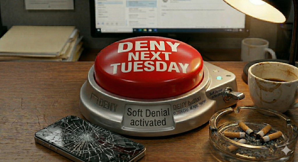 AI-generated image, satirical and humorous depiction of an insurance adjuster examining a fragile &ldquo;case value&rdquo; scale, tipping it downward by pointing to contributory negligence, assumption of risk, and missing proof, illustrating how insurers evaluate and reduce personal injury claim value based on entitlement and legal weaknesses.