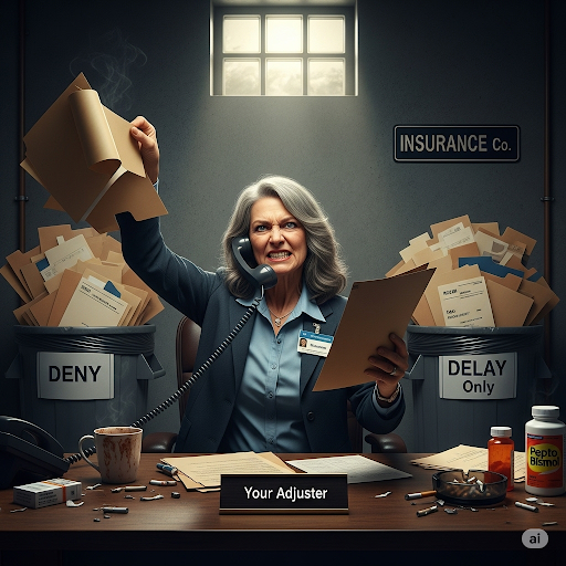 AI generated satirical image musing How Homeowners Insurance Claims Can Become Denied, Delayed, Underpaid, or Disputed in Maryland. NO actual people or insurance practices are depicted